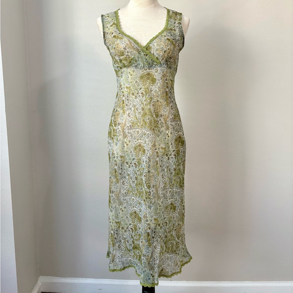 Calme by Johnny Was Green Paisley Slip Dress – 90s Sheer Midi (Size S)